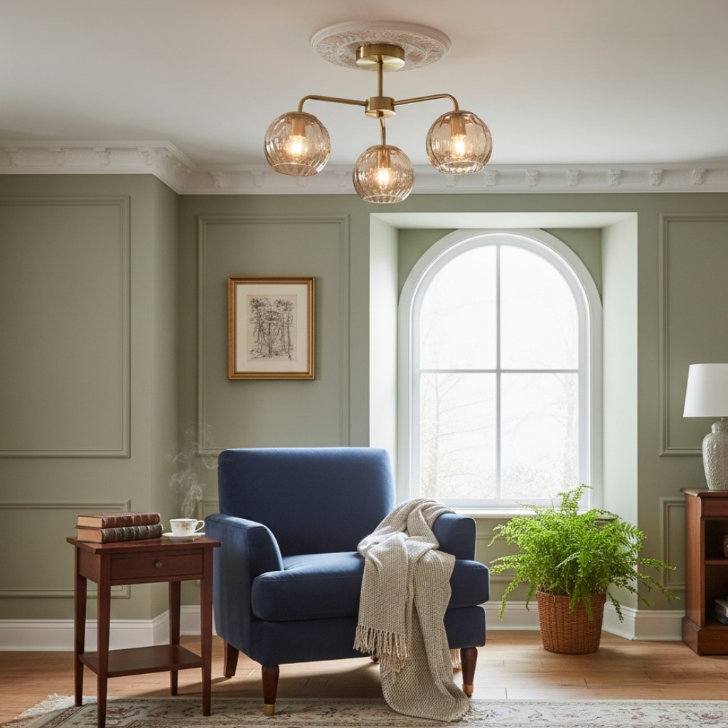 Plafondlamp boven klassieke zithoek met blauwe stoel