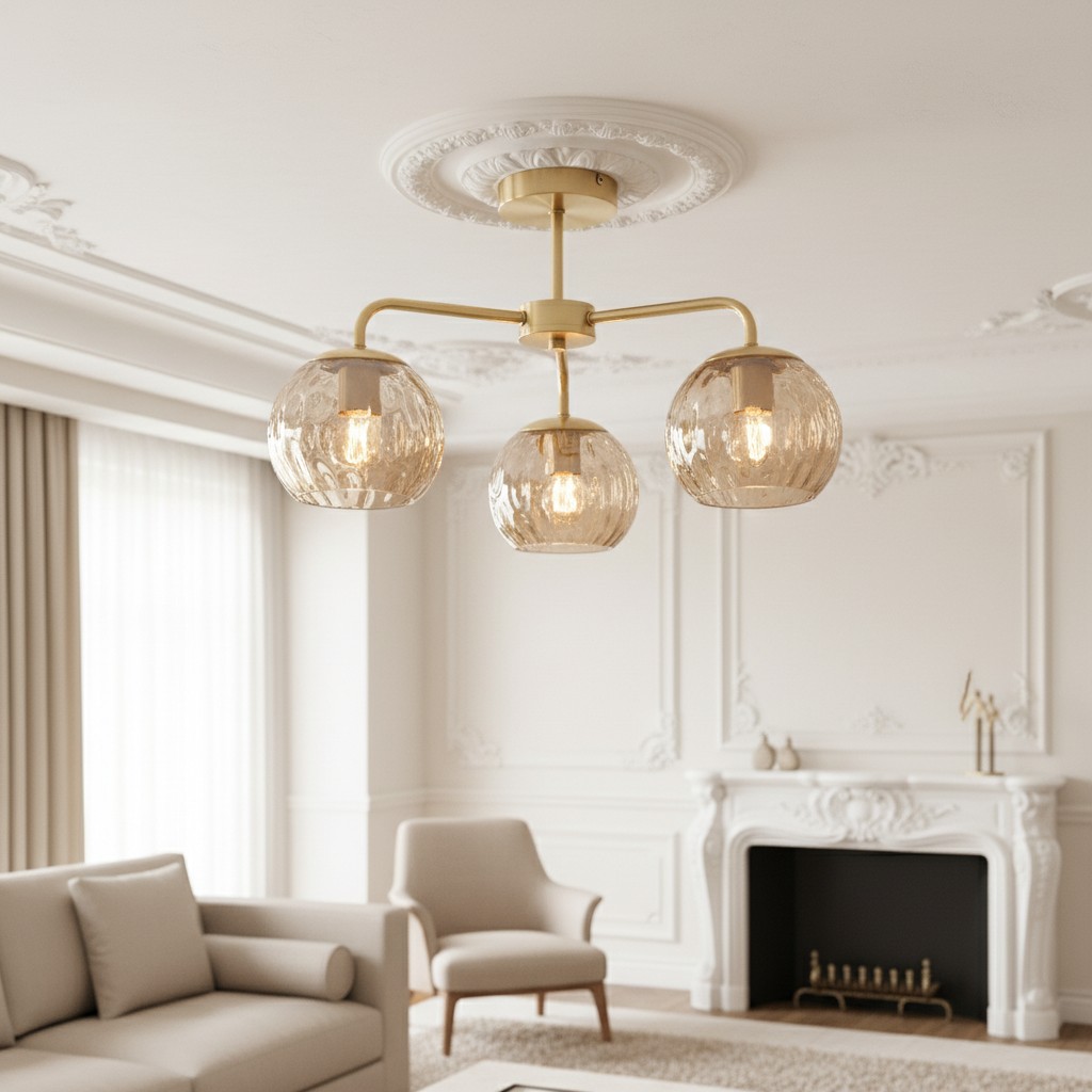 Messing plafondlamp met drie geribbelde glazen bollen