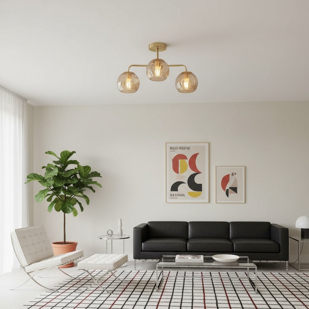 Plafondlamp boven woonkamer met bank
