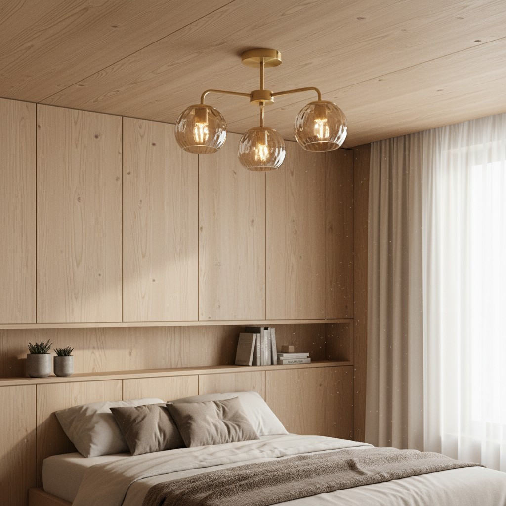 Plafondlamp boven slaapkamer met houten wand