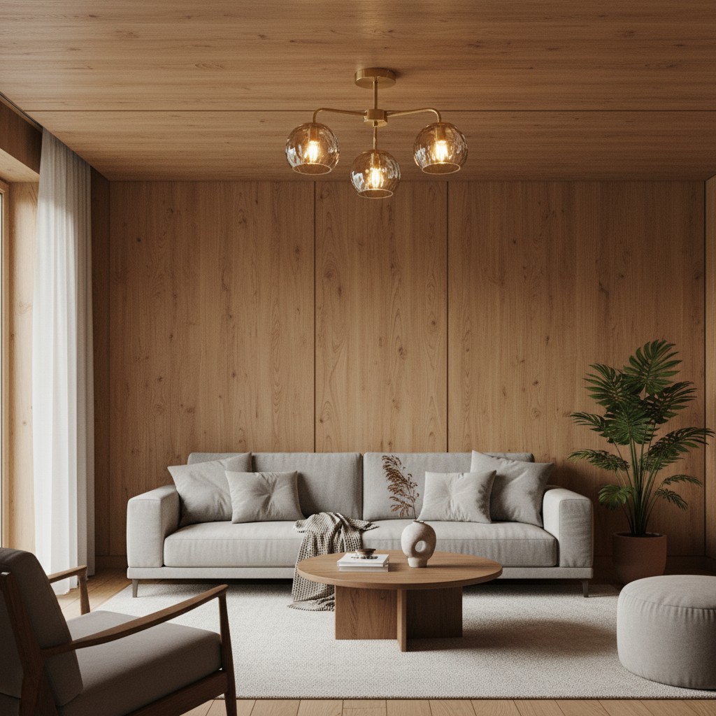 Semi-flush lamp in warme houten woonkamer