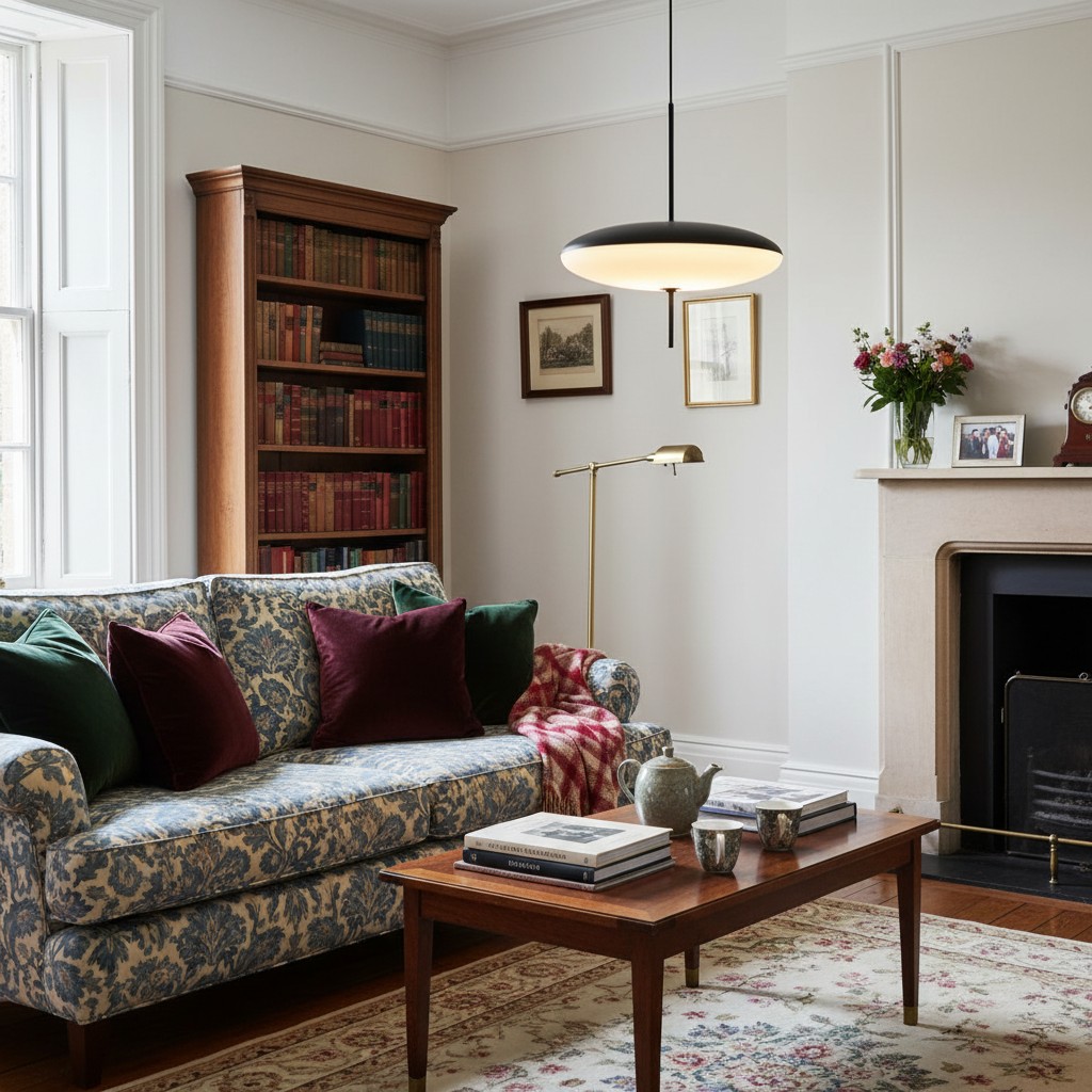 Bolvormige hanglamp in een kleurrijke woonkamer