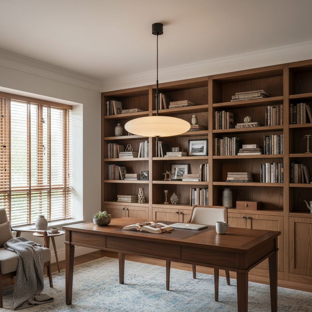 Creatieve moderne bolvormige hanglamp in een studeerkamer