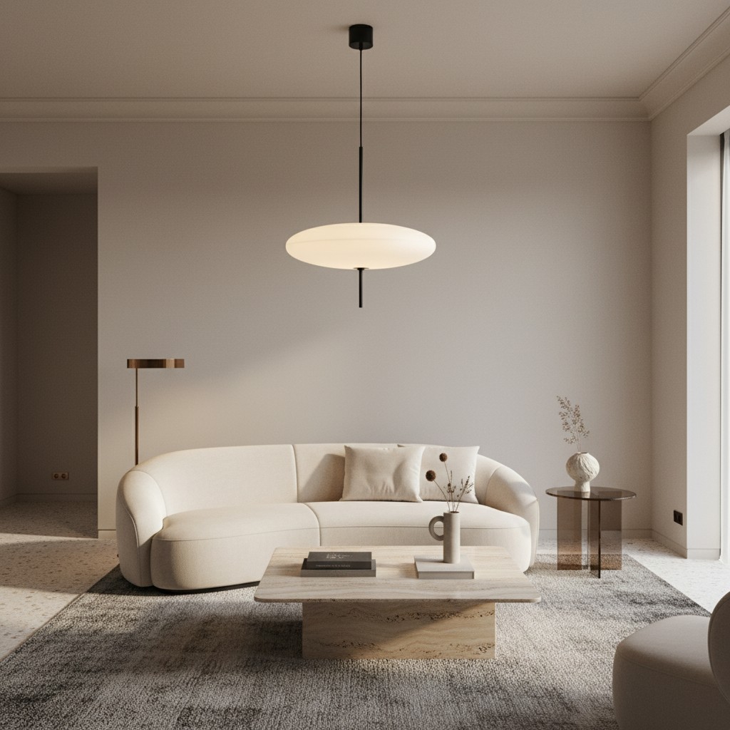 Creatieve moderne bolvormige hanglamp boven een lichte bank