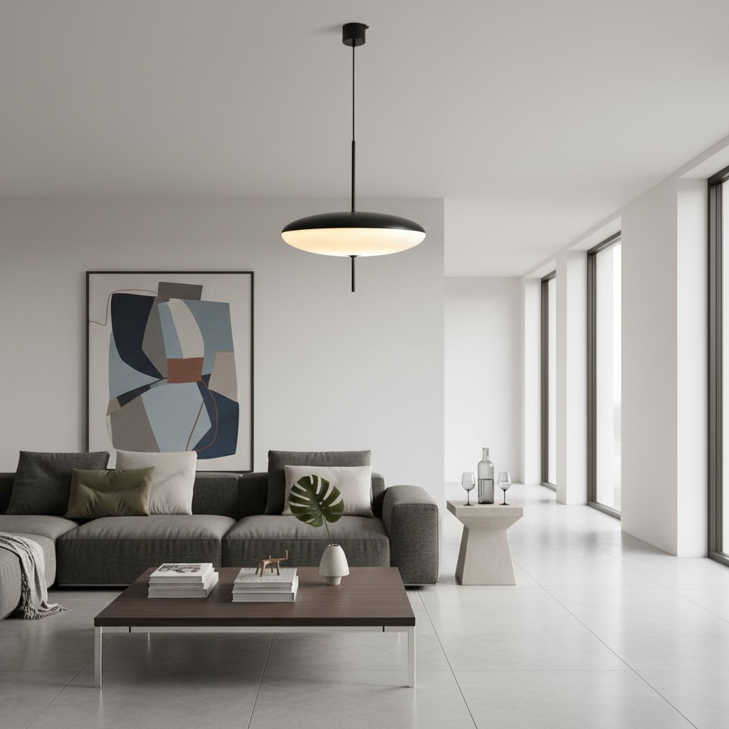 Bolvormige hanglamp in een minimalistische woonkamer