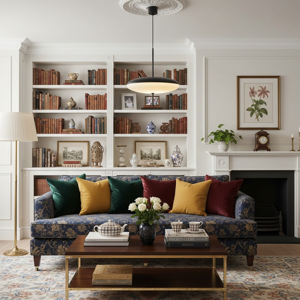 Bolvormige hanglamp in een woonkamer met boekenplanken