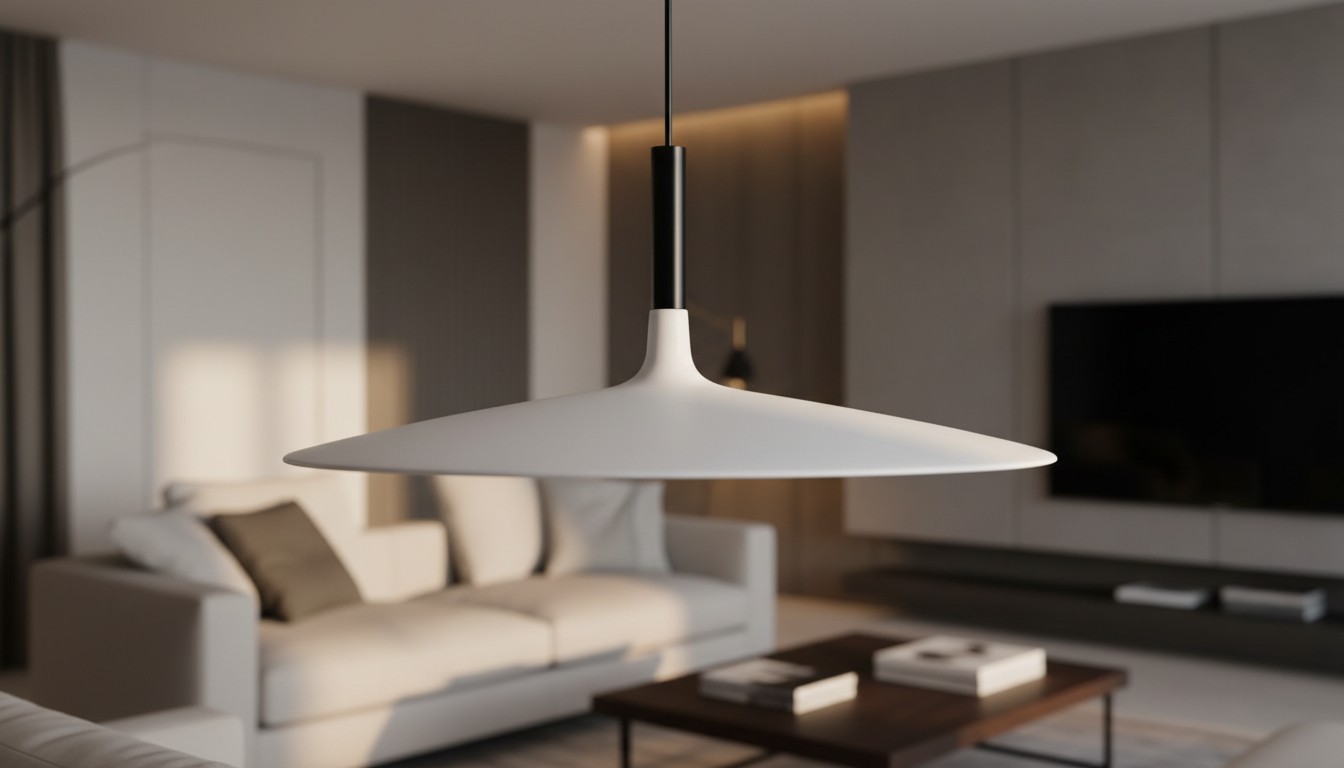 Industriële schijfvormige hanglamp in een woonkamer