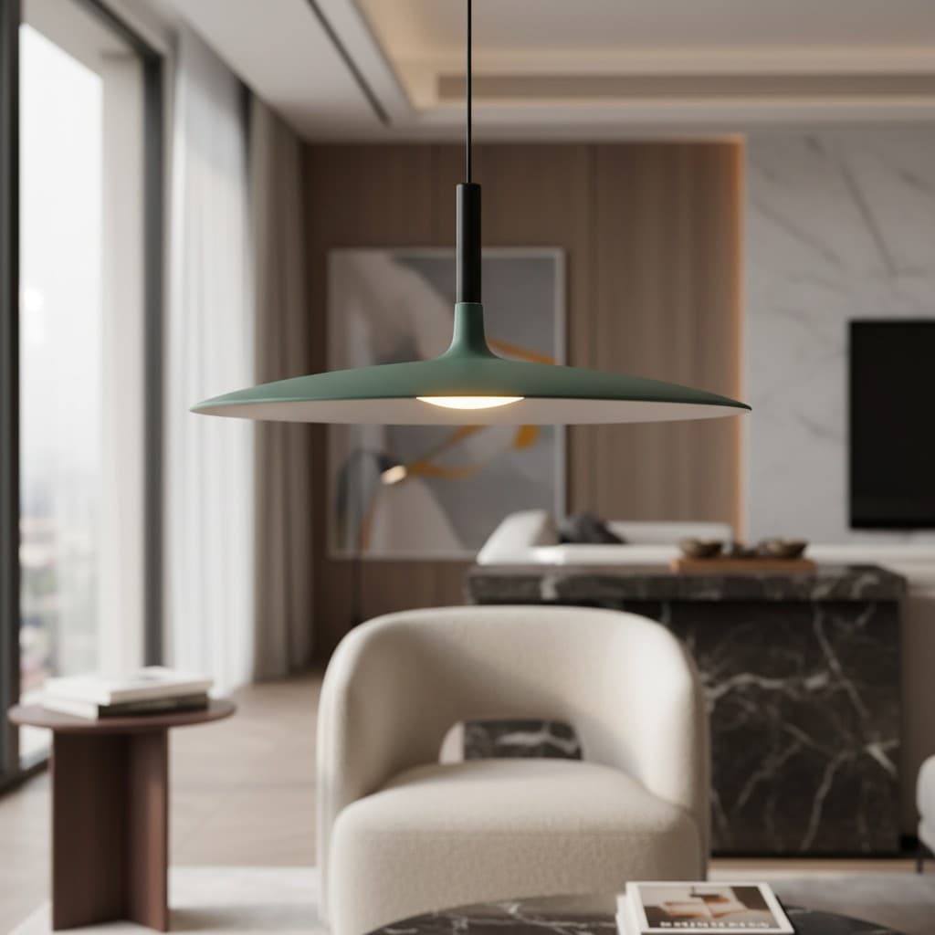 Groene hanglamp boven zithoek