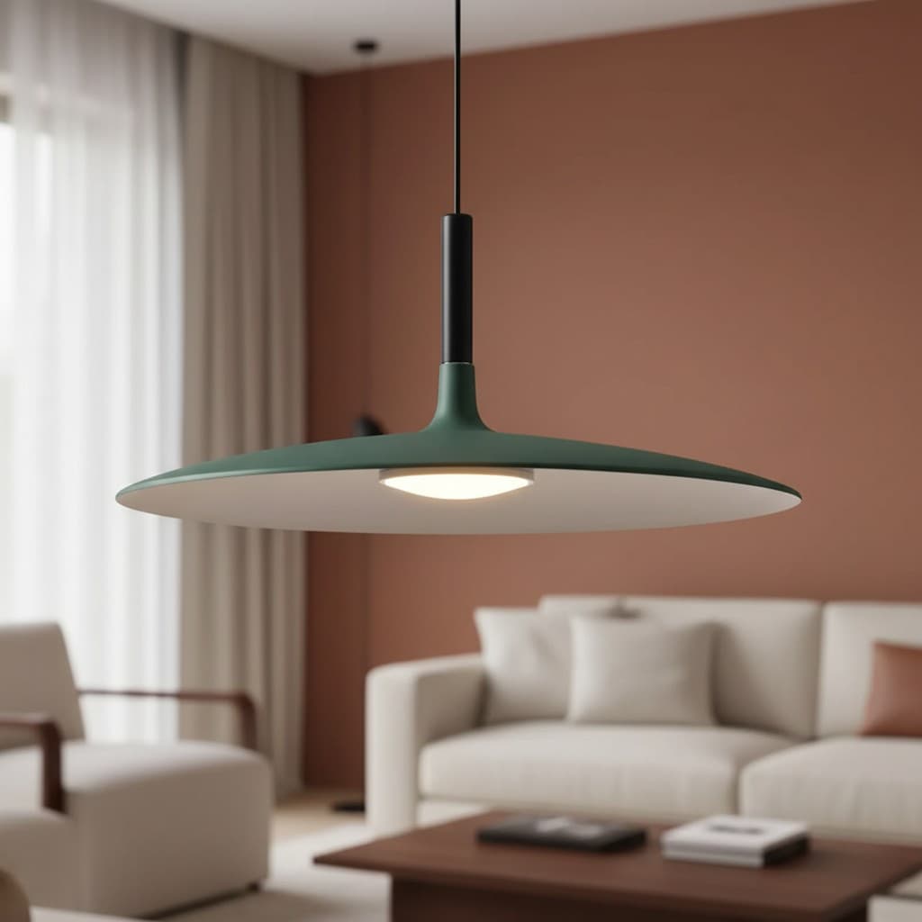 Groene hanglamp in warme woonkamer