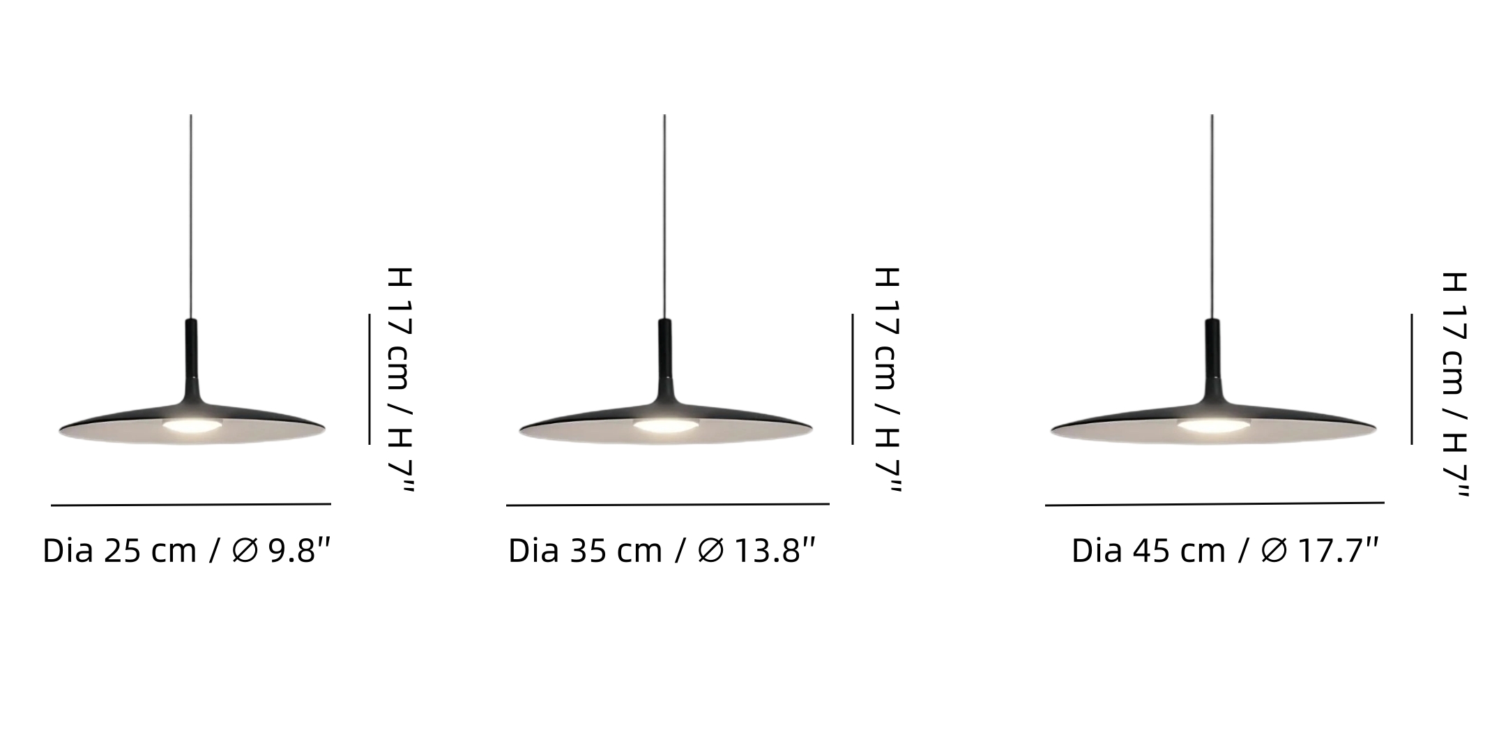 Afmetingen van de hanglamp in drie diameters