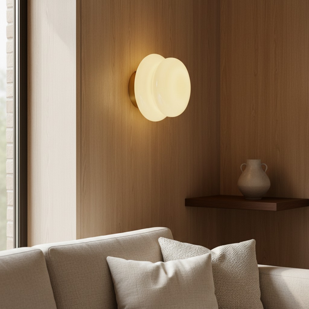 Wandlamp van opaalglas in een woonruimte