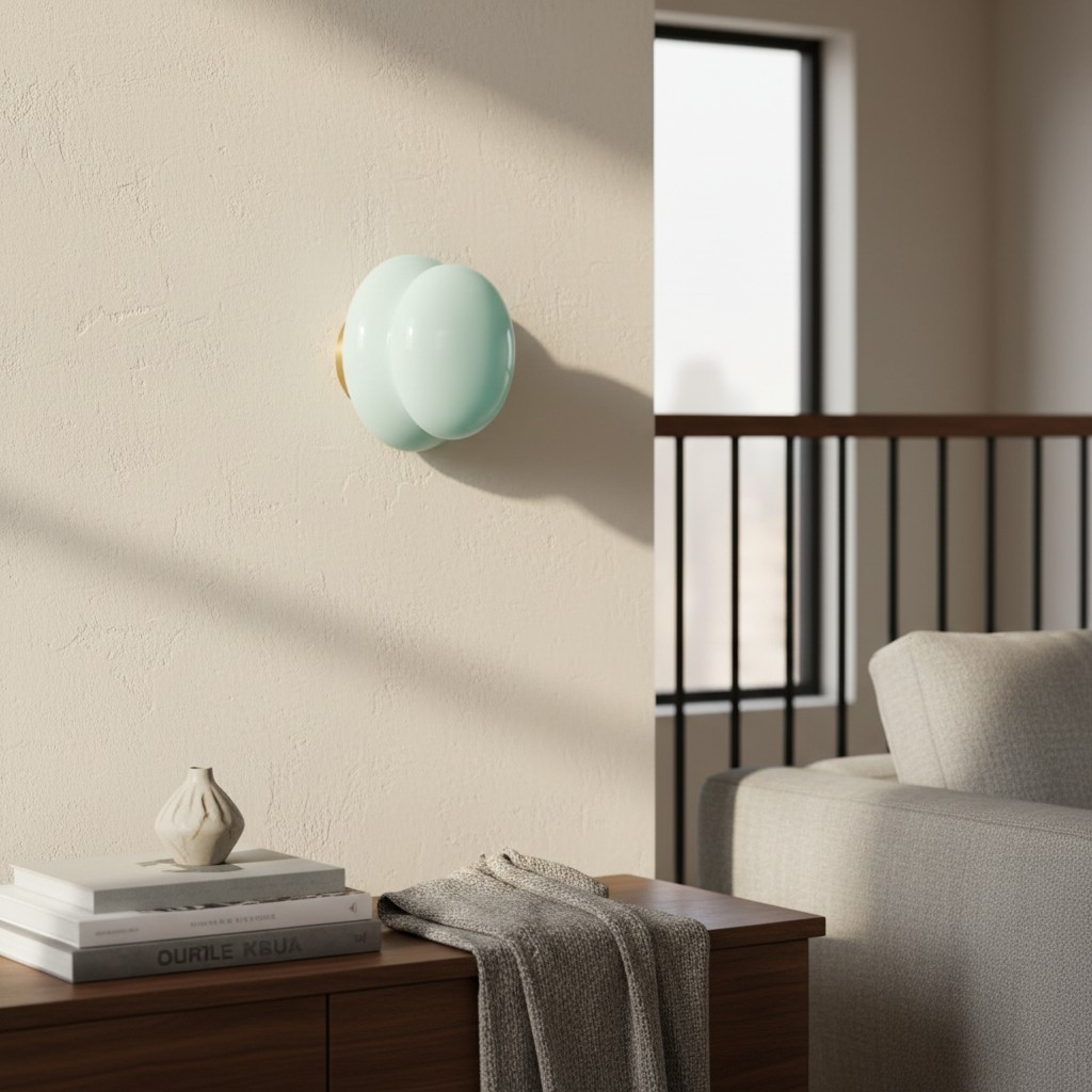 Lichtblauwe opaalglas wandlamp in interieur