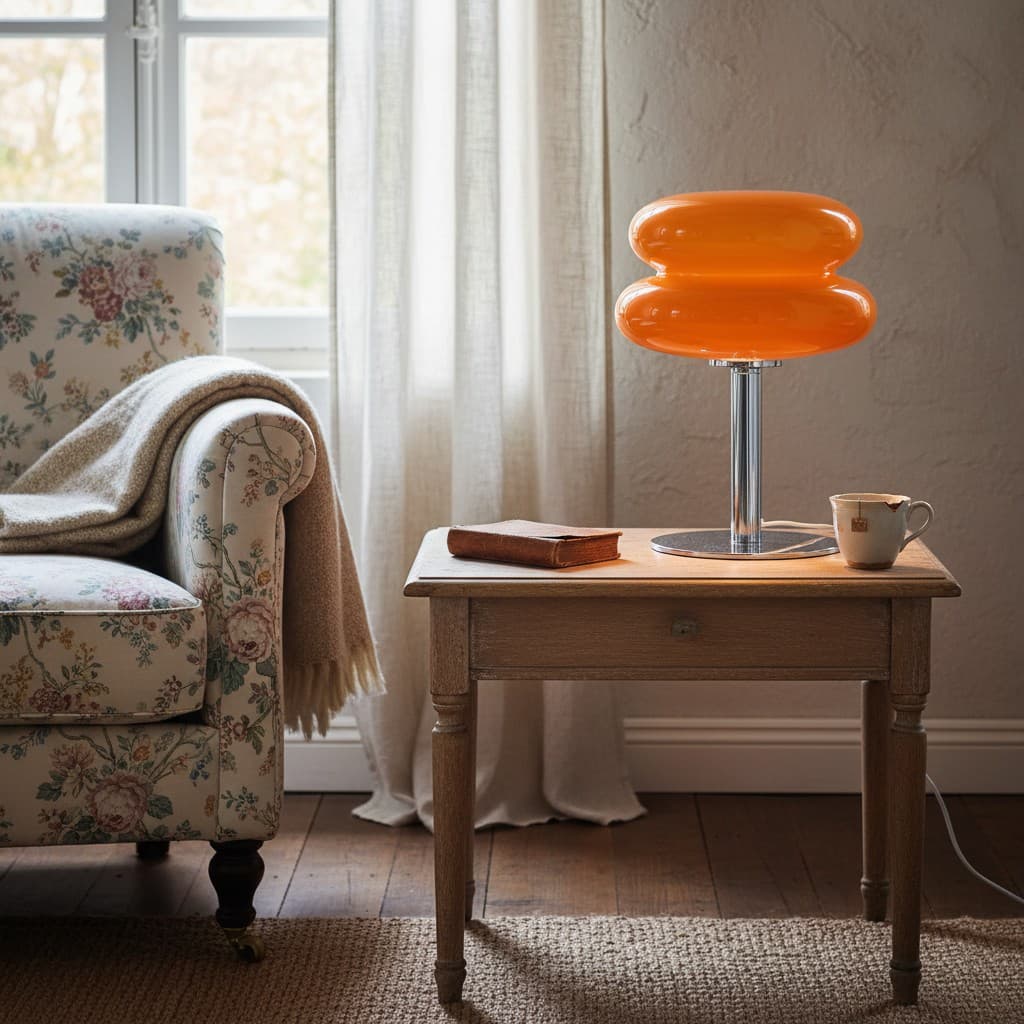 Oranje tafellamp naast een fauteuil