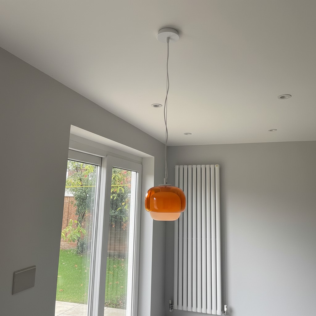 Fotorecensie met oranje hanglamp bij raam