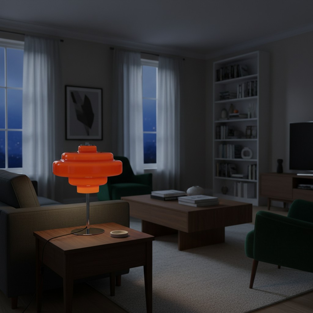 Oranje Koloro lamp in een donkere woonkamer