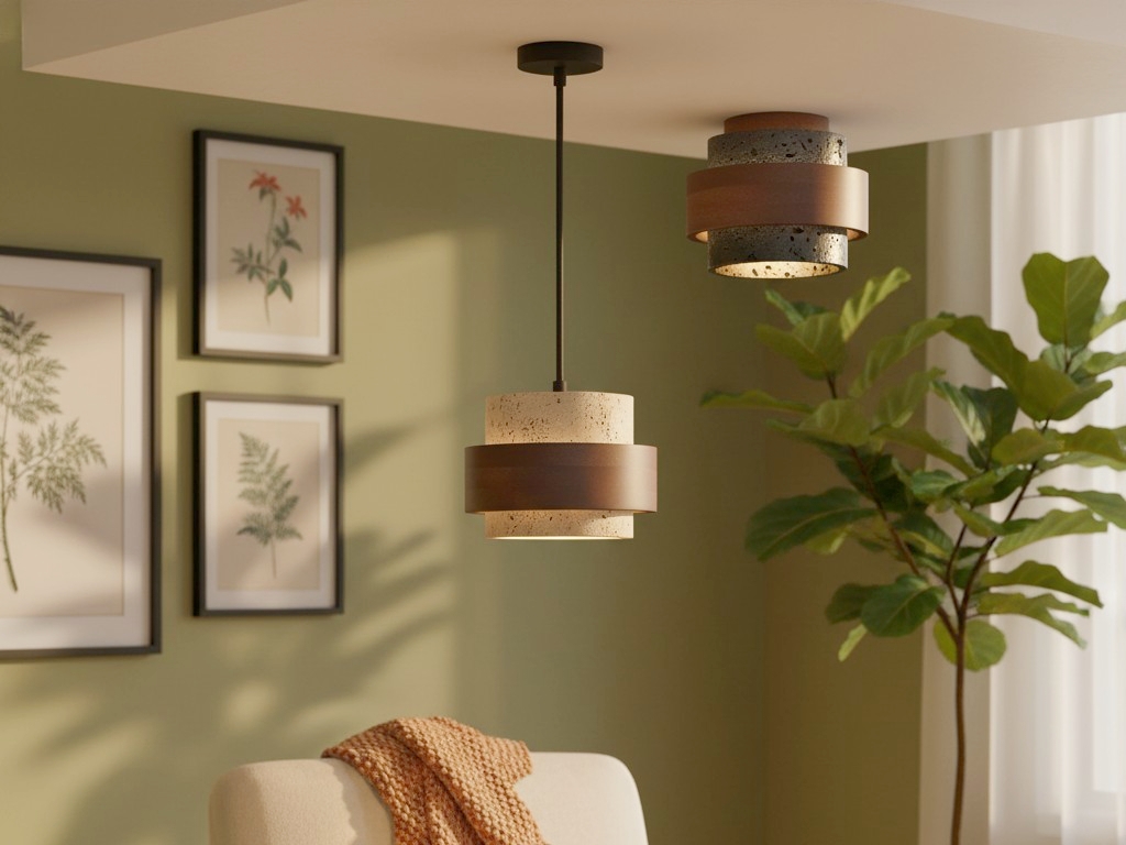 Ensemble suspension et plafonnier en travertin