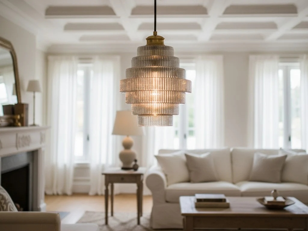 Inspiration design avec une suspension en verre rayé dans un salon lumineux