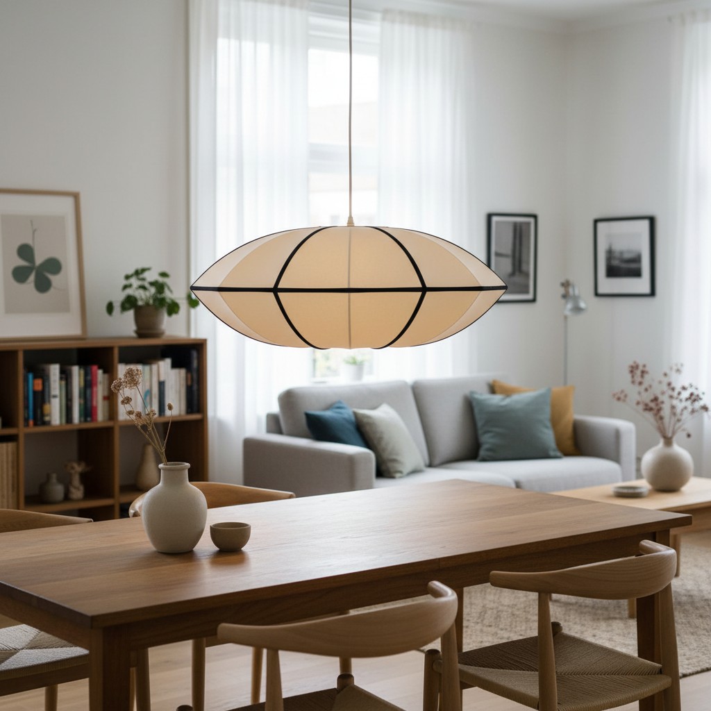Ribbon hanglamp boven een houten tafel