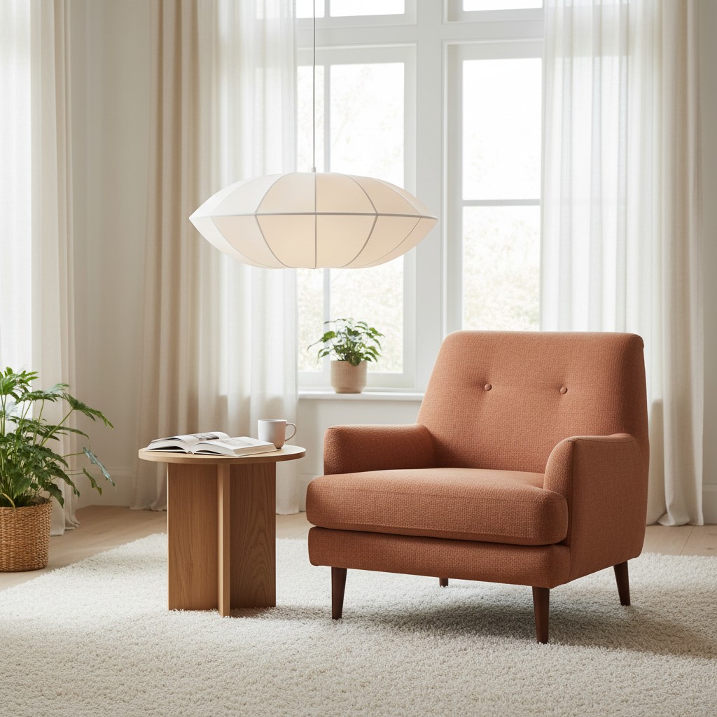 Klassieke UFO-lint hanglamp in een lichte woonkamer