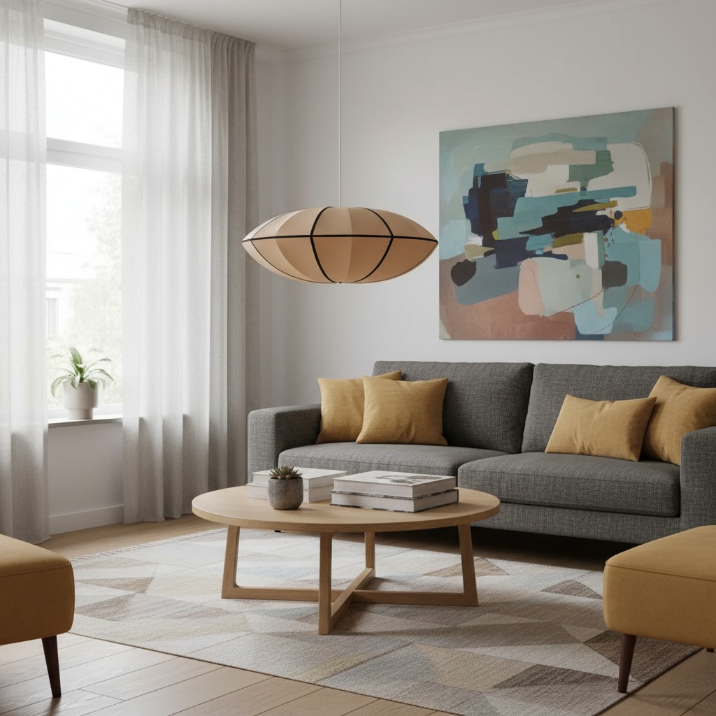 Bruine UFO-lint hanglamp in een woonkamer