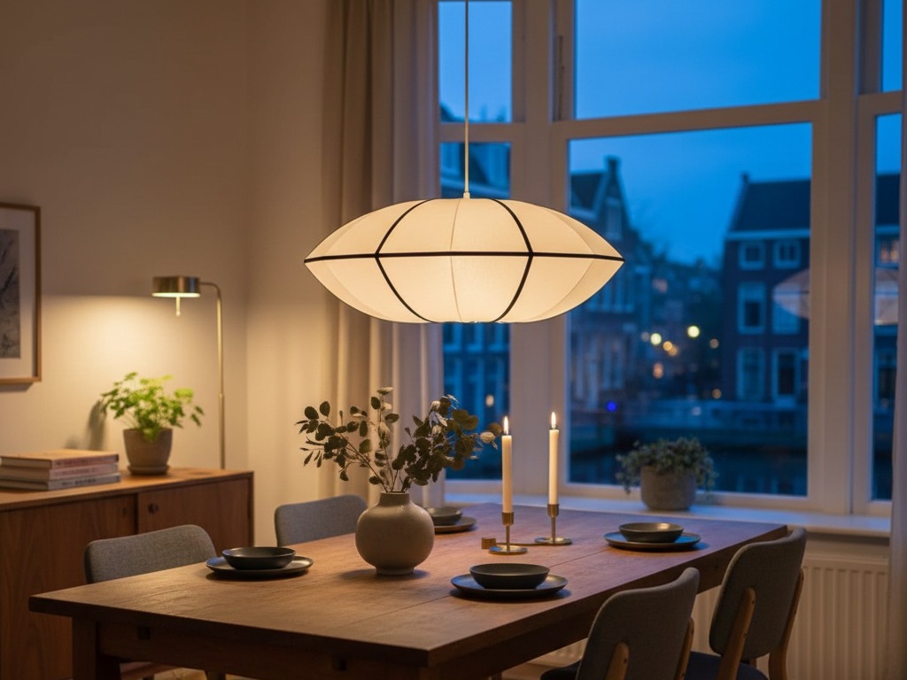 UFO-lint hanglamp boven een eettafel in de avond