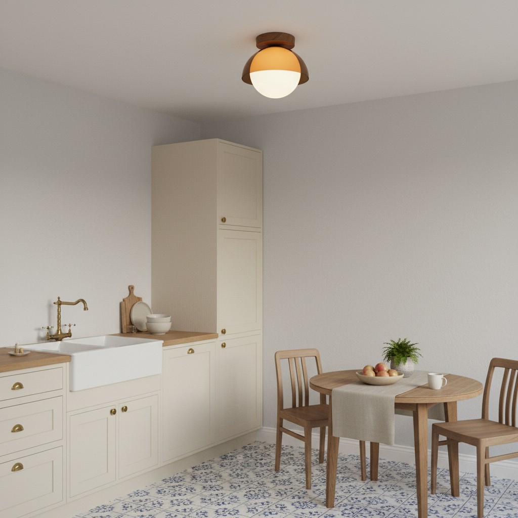 Plafondlamp boven een kleine eettafel