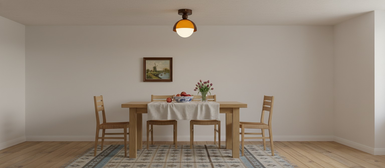 Plafondlamp met zonsonderganggloed boven een eettafel