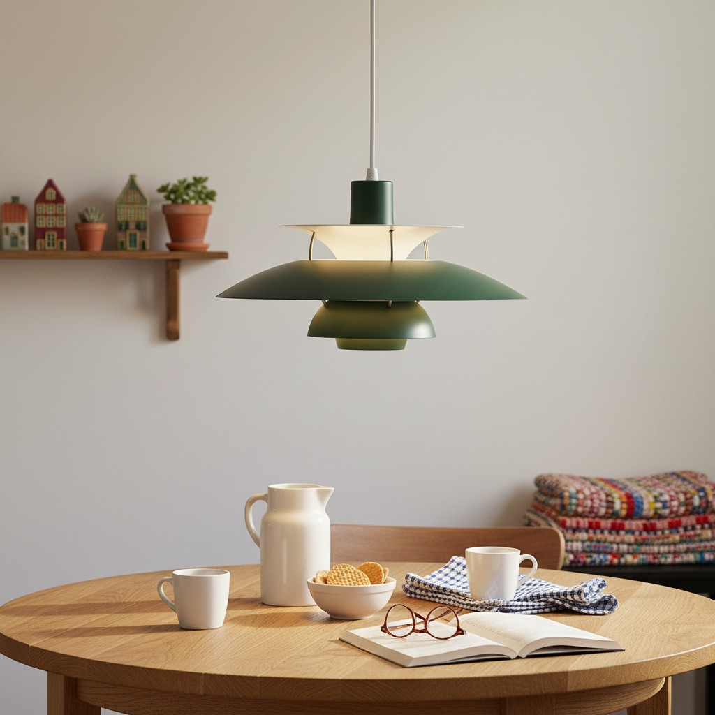 Groene hanglamp boven een ronde tafel