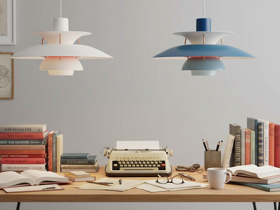 Witte en blauwe hanglampen boven een bureau