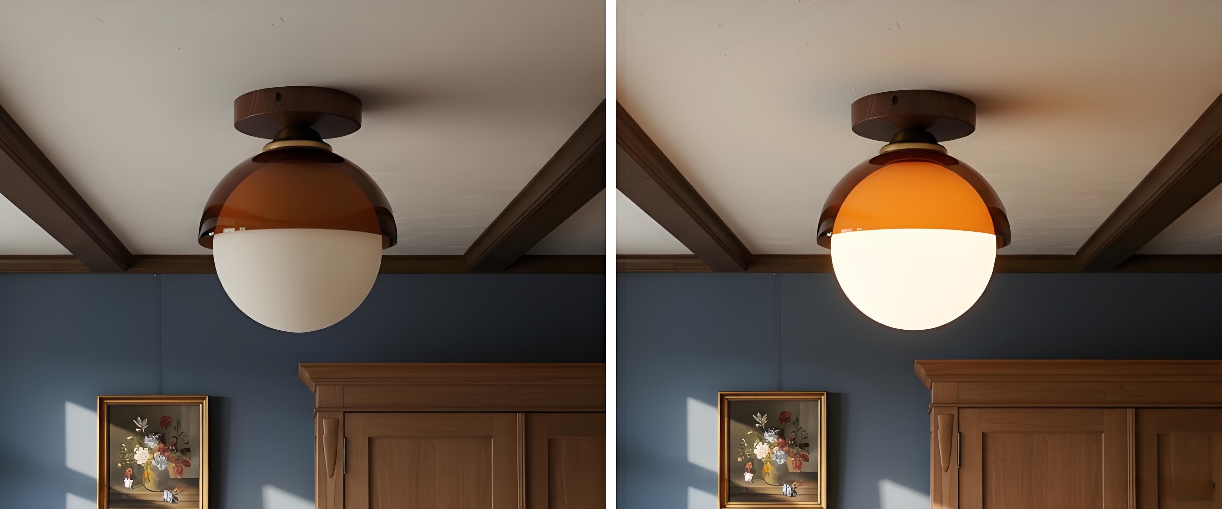 Vergelijking van de plafondlamp met licht uit en aan