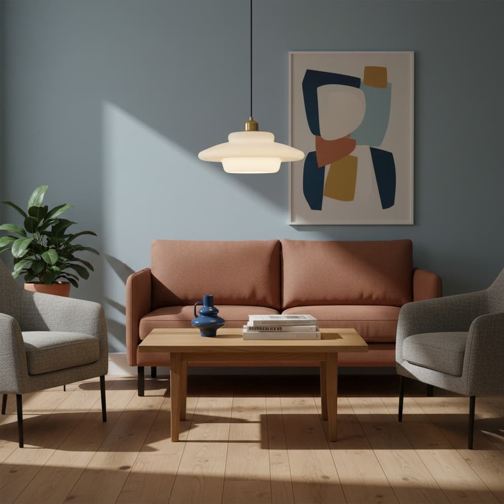 Hanglamp in woonkamer met blauwe wand
