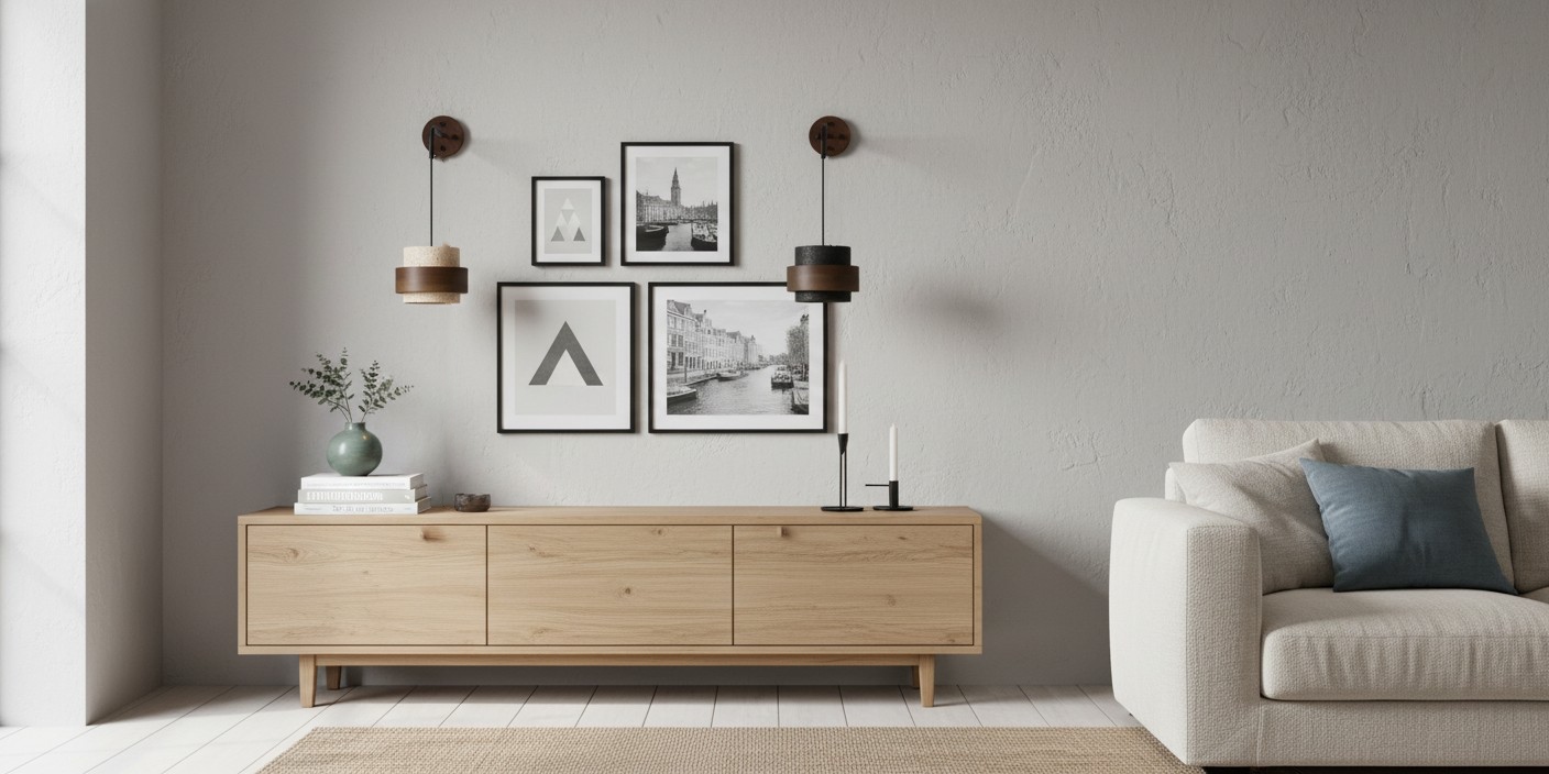 Handgemaakte travertin wandlamp in een moderne woonkamer