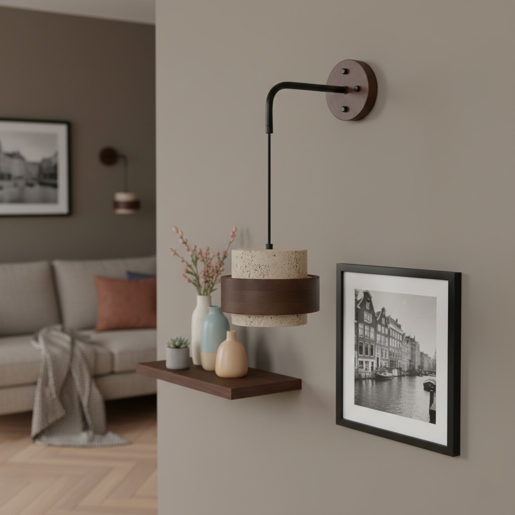 Travertin wandlamp in een woonkamerhoek