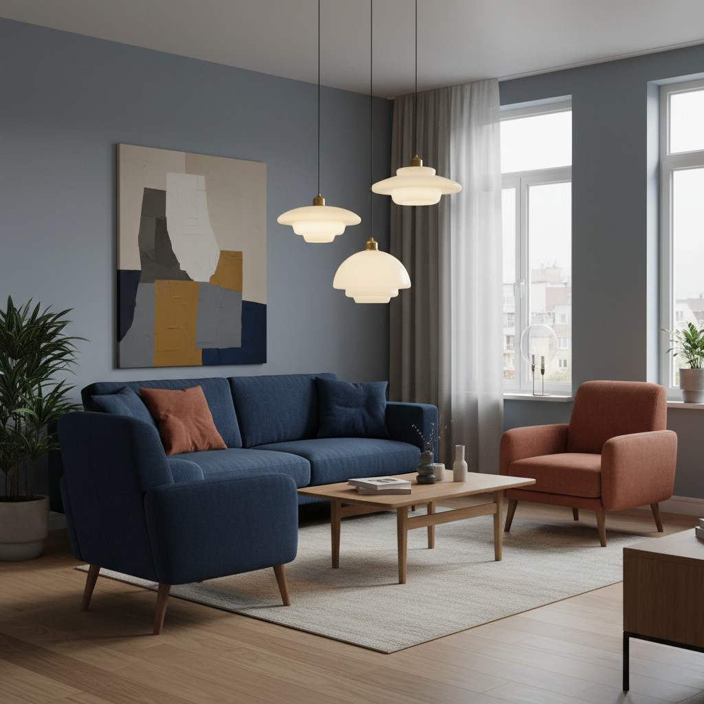 Woonkamer met drie Art Deco hanglampen
