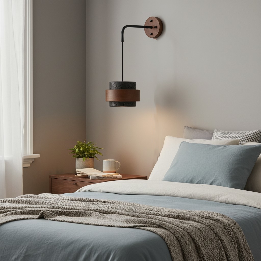 Travertin wandlamp naast een bed