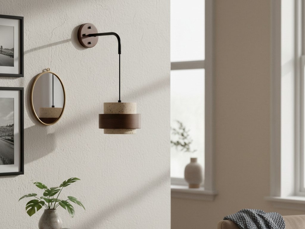 Travertin wandlamp aan de muur naast een raam