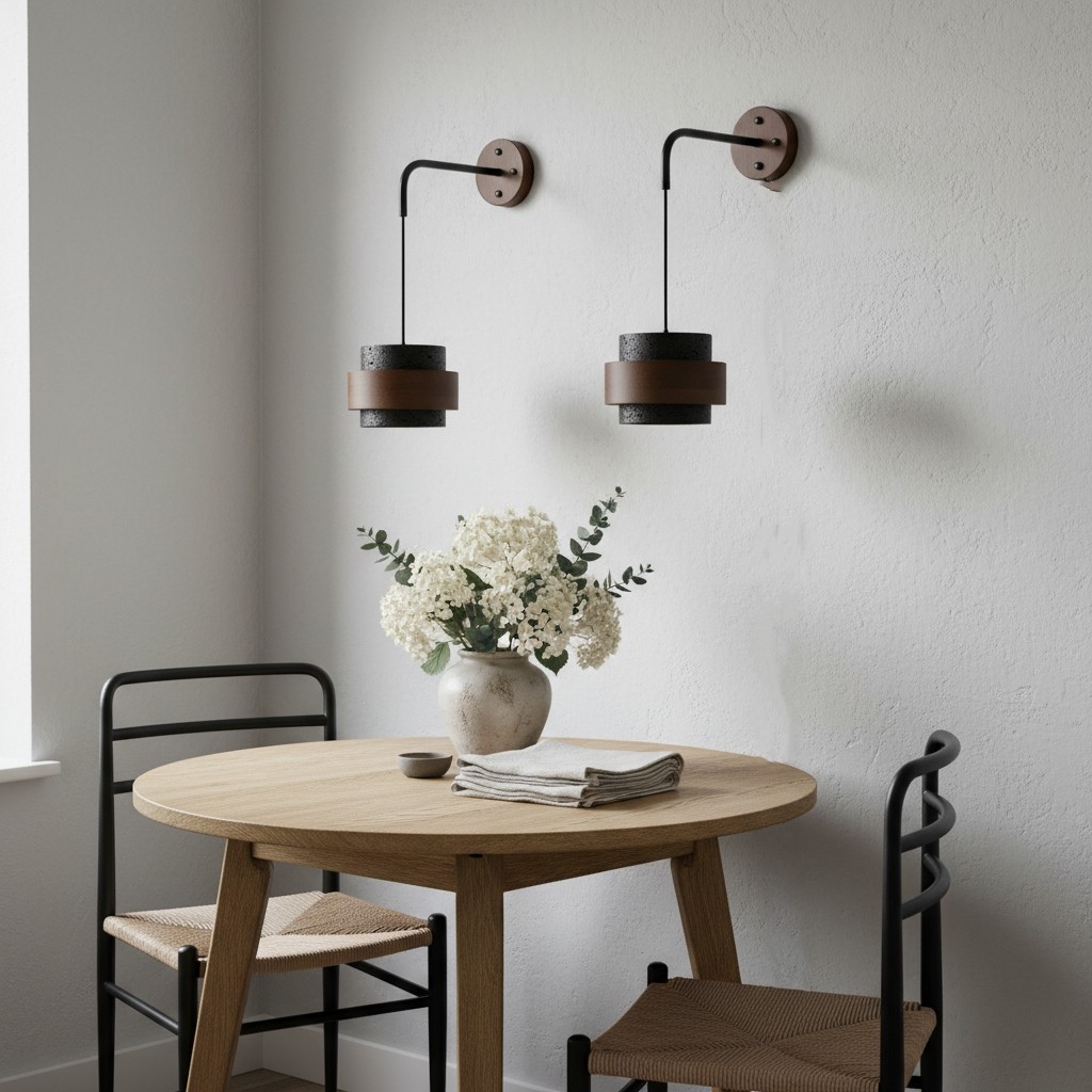 Travertin wandlamp boven een eettafel