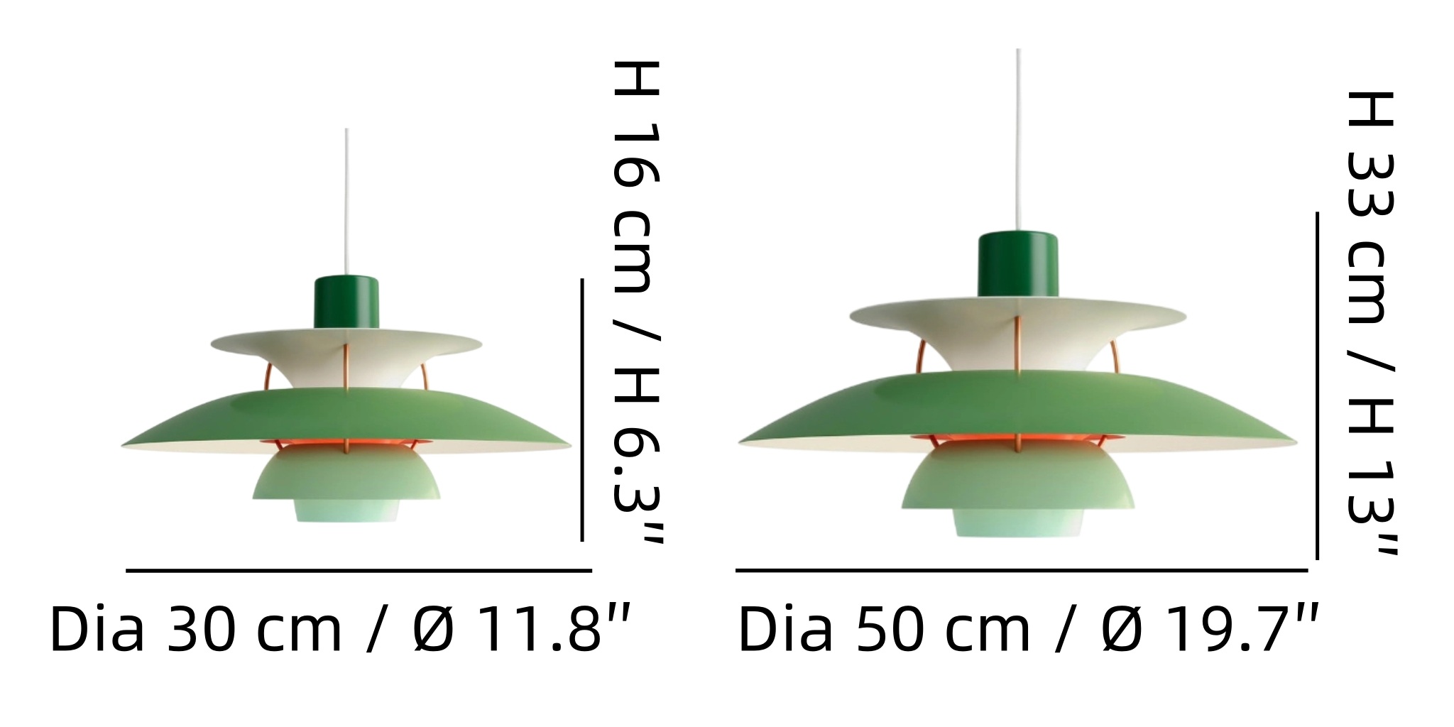 Afmetingen van de hanglamp: diameter 30 cm en diameter 50 cm
