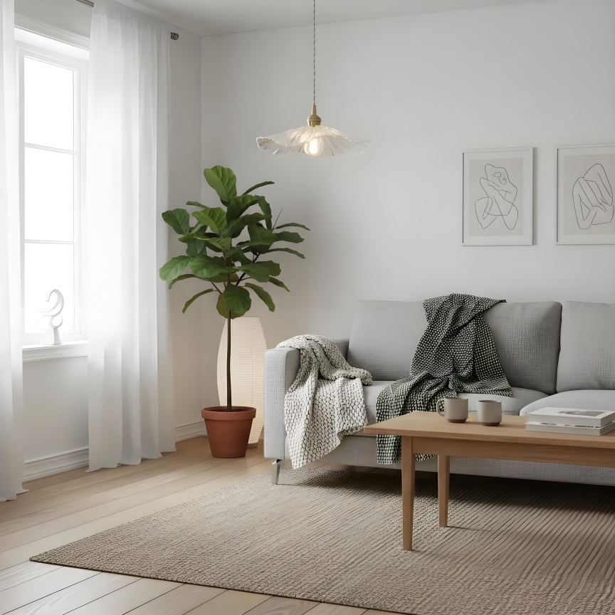 Lotus glazen hanglamp in lichte zithoek