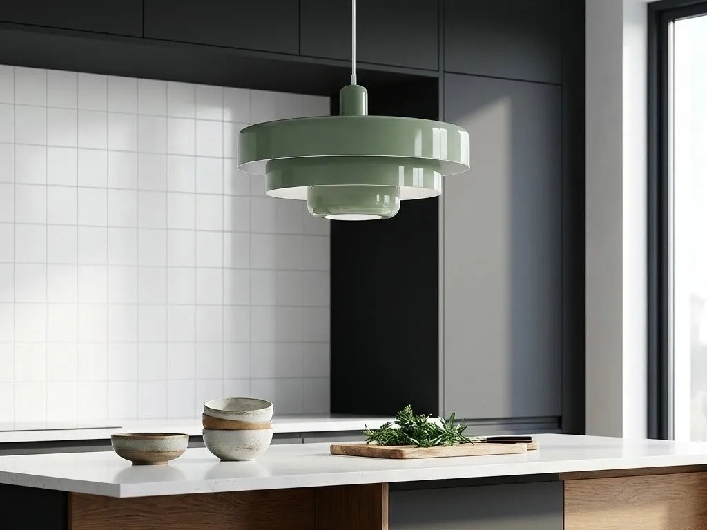 Saliegroene hanglamp in de keuken