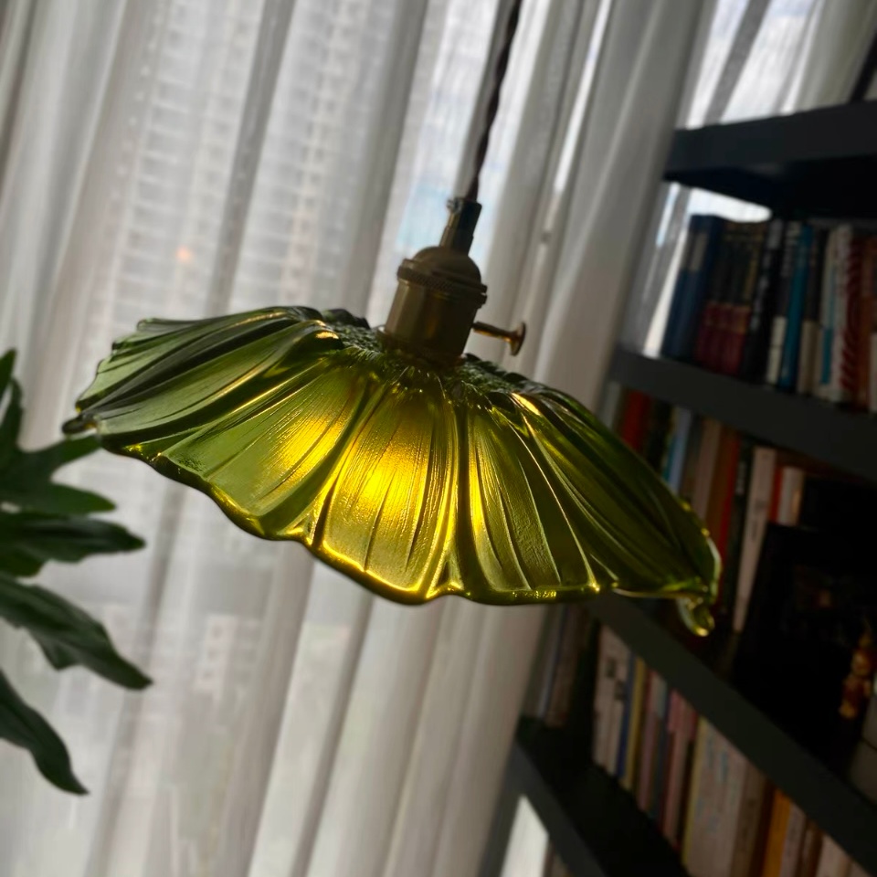 Fotorecensie van groene Lotus hanglamp bij boekenkast