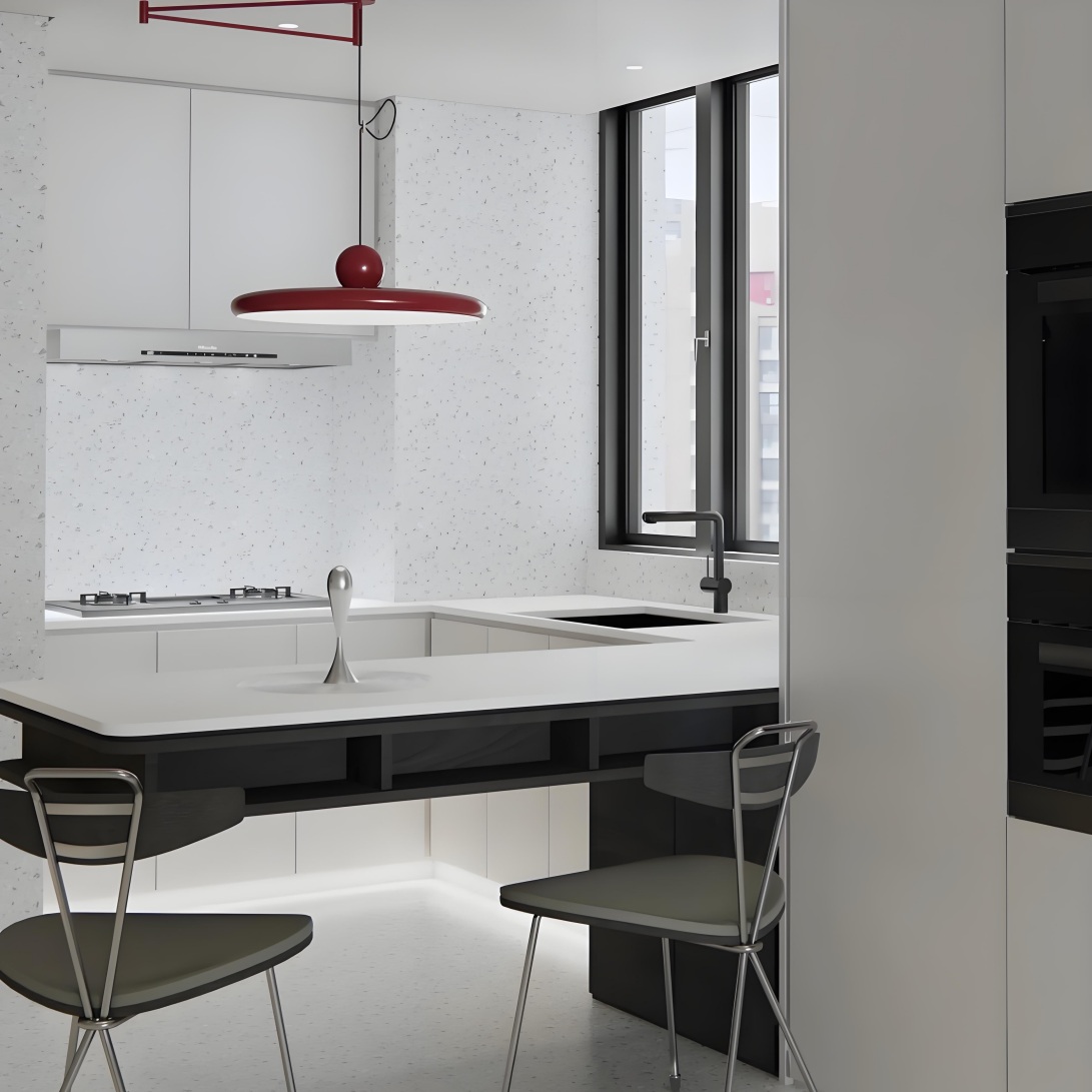 Fotorecensie van de rode Tizio hanglamp in een keuken
