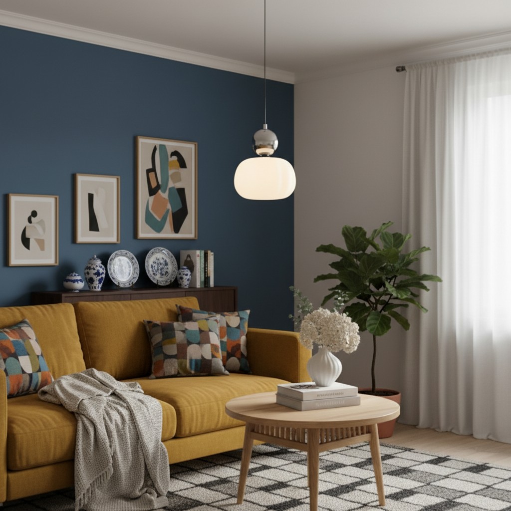 Ornavigo hanglamp in woonkamer met blauwe wand