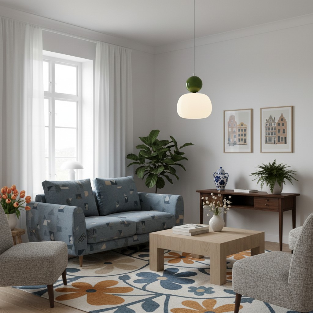 Ornavigo hanglamp boven een blauwe bank in een lichte woonkamer