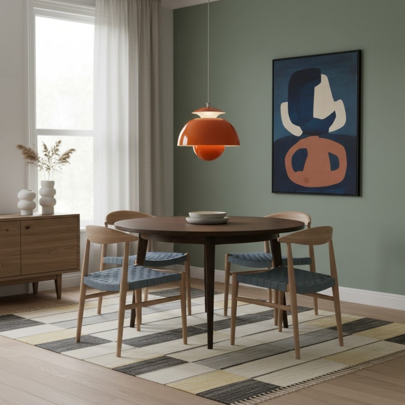 Oranje Orin hanglamp boven een eettafel