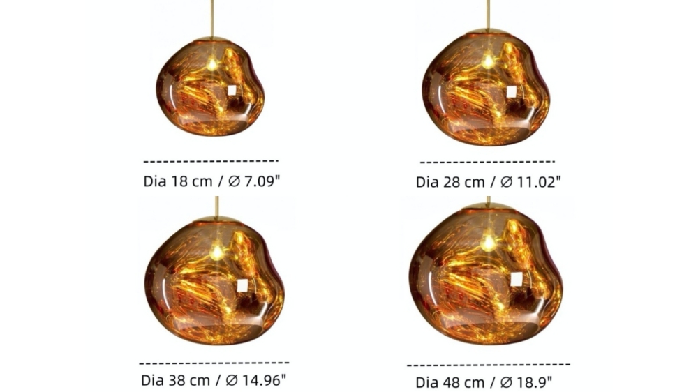 Afmetingen van de vier maten hanglampen