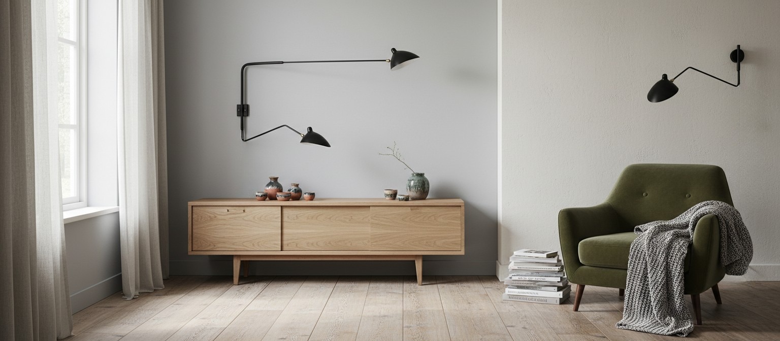 Verstelbare arm wandlamp in een rustige woonkamer