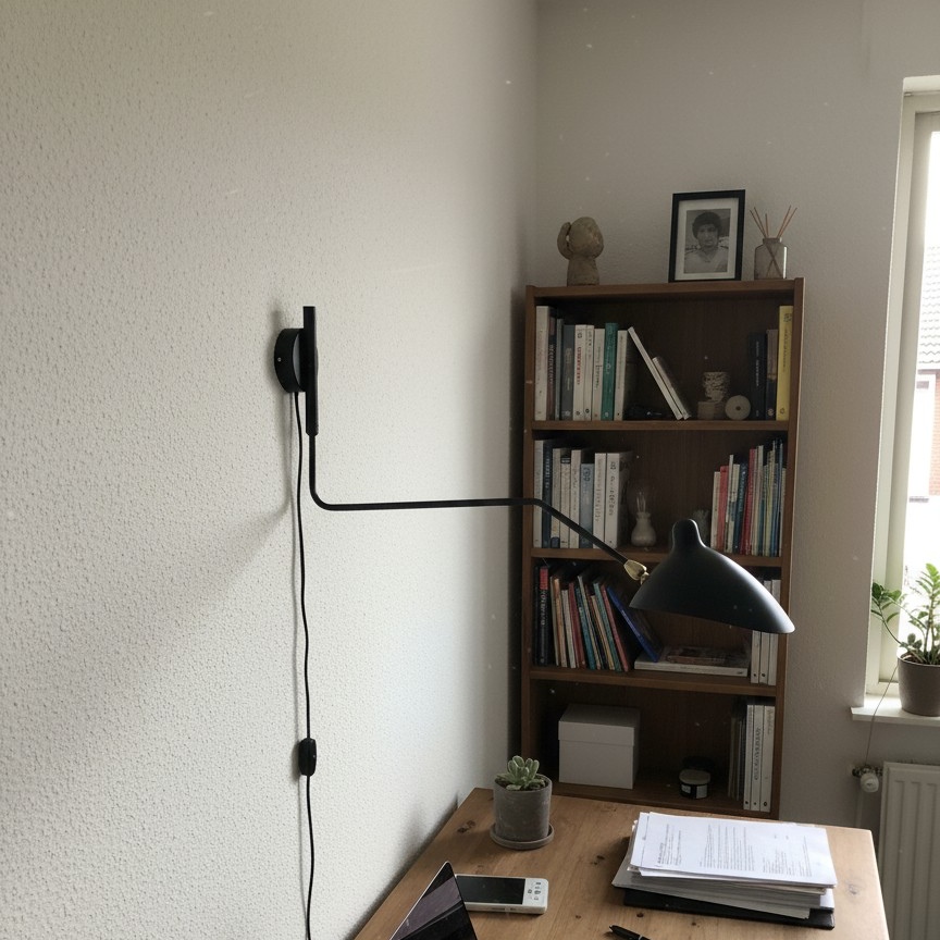 Klantfoto van wandlamp bij boekenkast