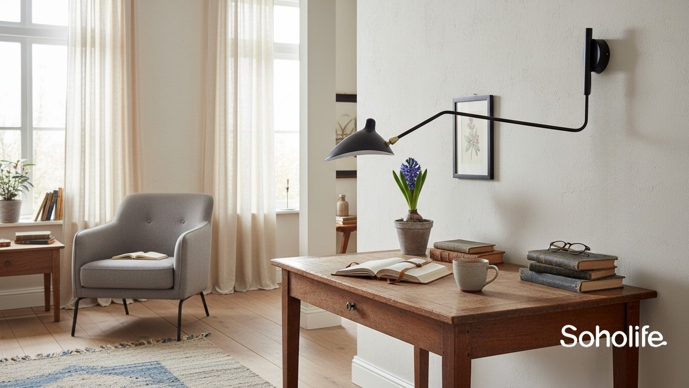 Wandlamp met verstelbare arm boven een schrijftafel