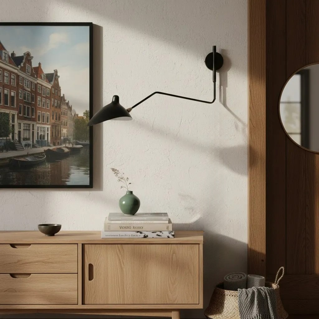 Wandlamp boven een houten kast